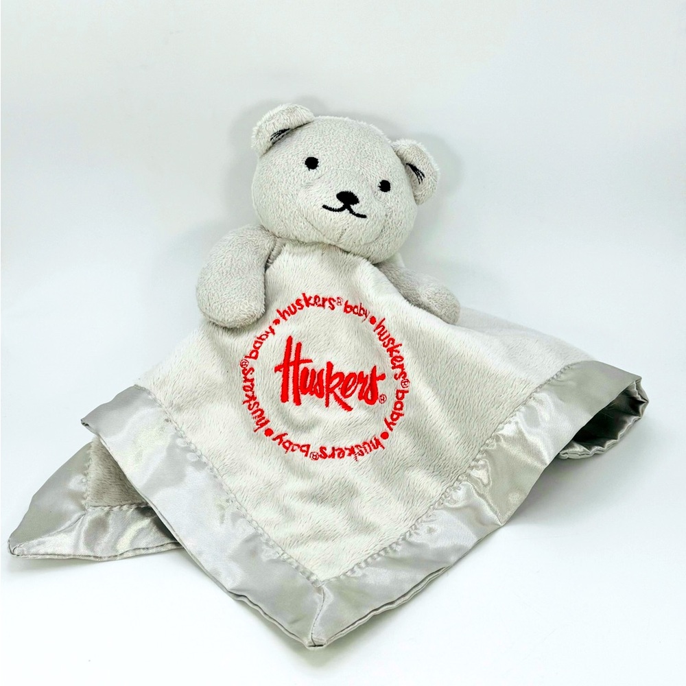 Nebraska Huskers Baby Fanatics Lovey Bear Blanket Tan White Red Satin Security